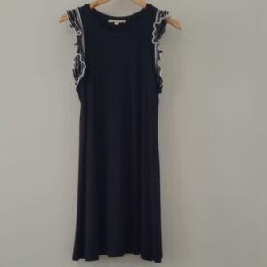 LOFT Navy Sleeveless Ruffle-Trim Dress with White Accent